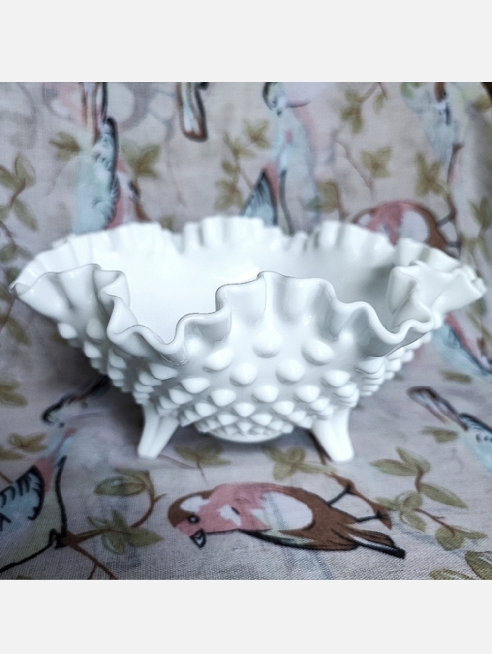 Fenton Vintage Ruffled Edge Hobnail Low Footed Bowl White Milk Glass MINT
